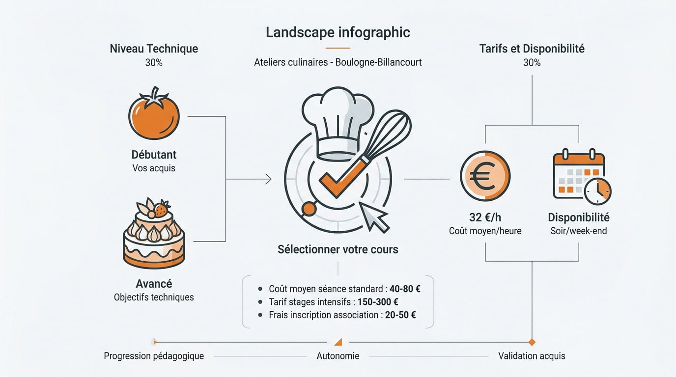 Infographie des tarifs et types de cours de cuisine à Boulogne-Billancourt