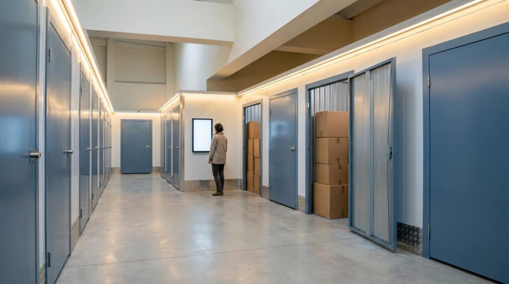 Une personne consulte un écran dans un centre de stockage sécurisé avec des box bleus et des cartons empilés.