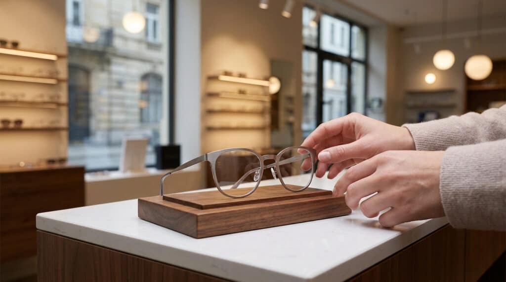 Mains choisissant une paire de lunettes sur un socle en bois dans un magasin d'optique lumineux.