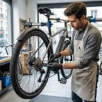 Un réparateur de vélos professionnel en tablier travaille sur un vélo électrique dans un atelier spécialisé.