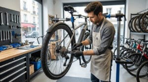 Un réparateur de vélos professionnel en tablier travaille sur un vélo électrique dans un atelier spécialisé.