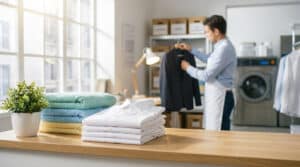 Un employé de pressing ajuste une veste sur un cintre derrière un comptoir avec du linge propre plié et une plante.