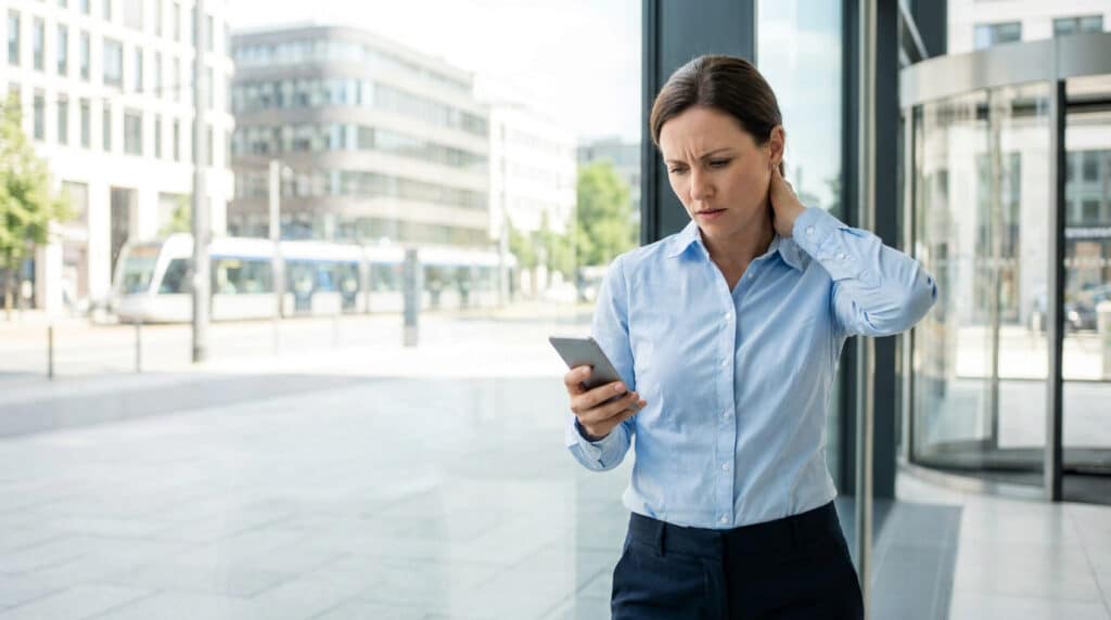 Une femme d'affaires souffrant d'une douleur au cou consulte son smartphone devant un immeuble de bureaux.
