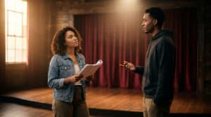 Deux jeunes acteurs répètent un dialogue avec des scripts sur une scène de théâtre devant des rideaux rouges.