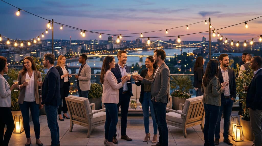 Groupe de collègues discutant et buvant un verre sur un rooftop avec vue panoramique au coucher du soleil.