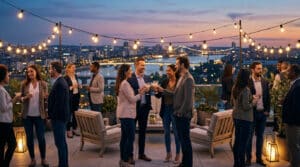 Groupe de collègues discutant et buvant un verre sur un rooftop avec vue panoramique au coucher du soleil.
