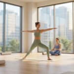 Une femme pratiquant la pose du guerrier II dans un studio de yoga moderne avec de grandes baies vitrées.