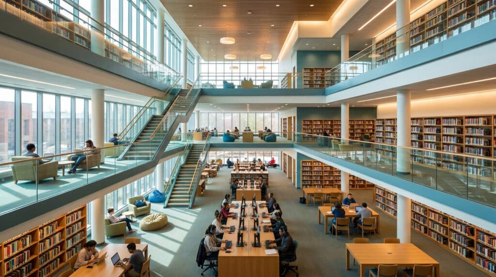 Vue plongeante d'une bibliothèque moderne sur plusieurs niveaux avec des étudiants travaillant aux ordinateurs.