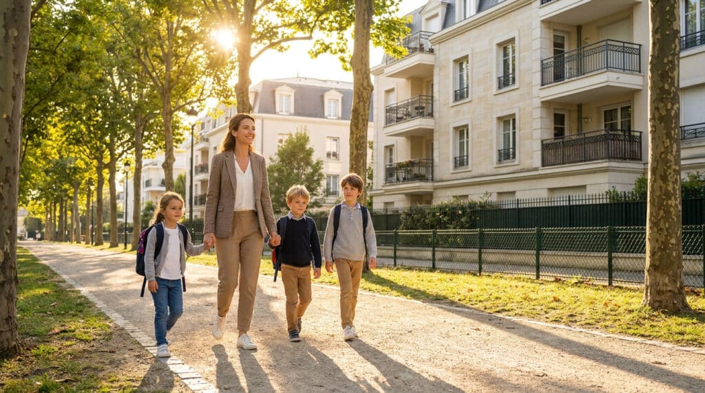 Une femme accompagne deux jeunes garçons et une petite fille avec des sacs à dos sur un chemin bordé d'arbres.