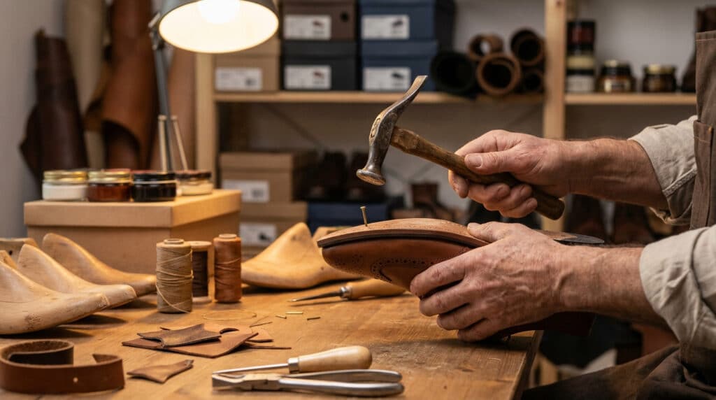 Mains d'un artisan cordonnier utilisant un marteau pour clouer la semelle d'une chaussure en cuir dans son atelier.