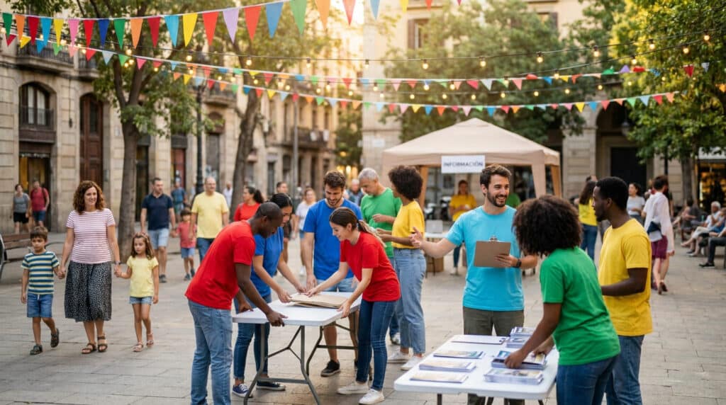 Groupe de bénévoles souriants organisant des documents sur des tables dans une rue festive décorée de guirlandes.