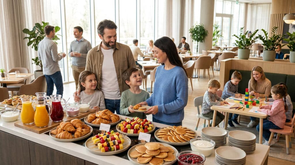 Une famille choisit des plats sur un buffet de brunch, avec des enfants qui jouent à une table en arrière-plan.
