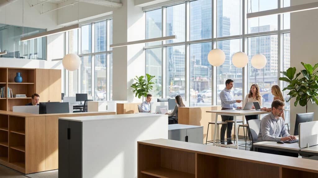 Espace de travail contemporain et lumineux avec des employés collaborant dans un bureau paysager moderne.