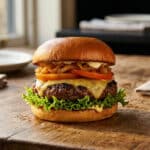 Un burger gourmand posé sur une table en bois dans un restaurant, avec de la laitue, du fromage fondu et des oignons.