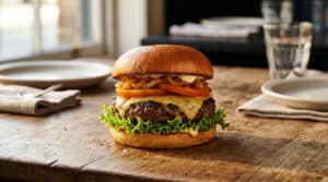 Un burger gourmand posé sur une table en bois dans un restaurant, avec de la laitue, du fromage fondu et des oignons.