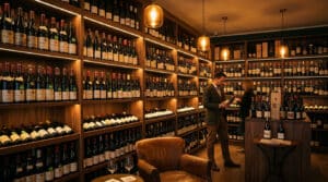 Un caviste conseille une cliente dans une boutique de vin chaleureuse avec des étagères en bois remplies de bouteilles.