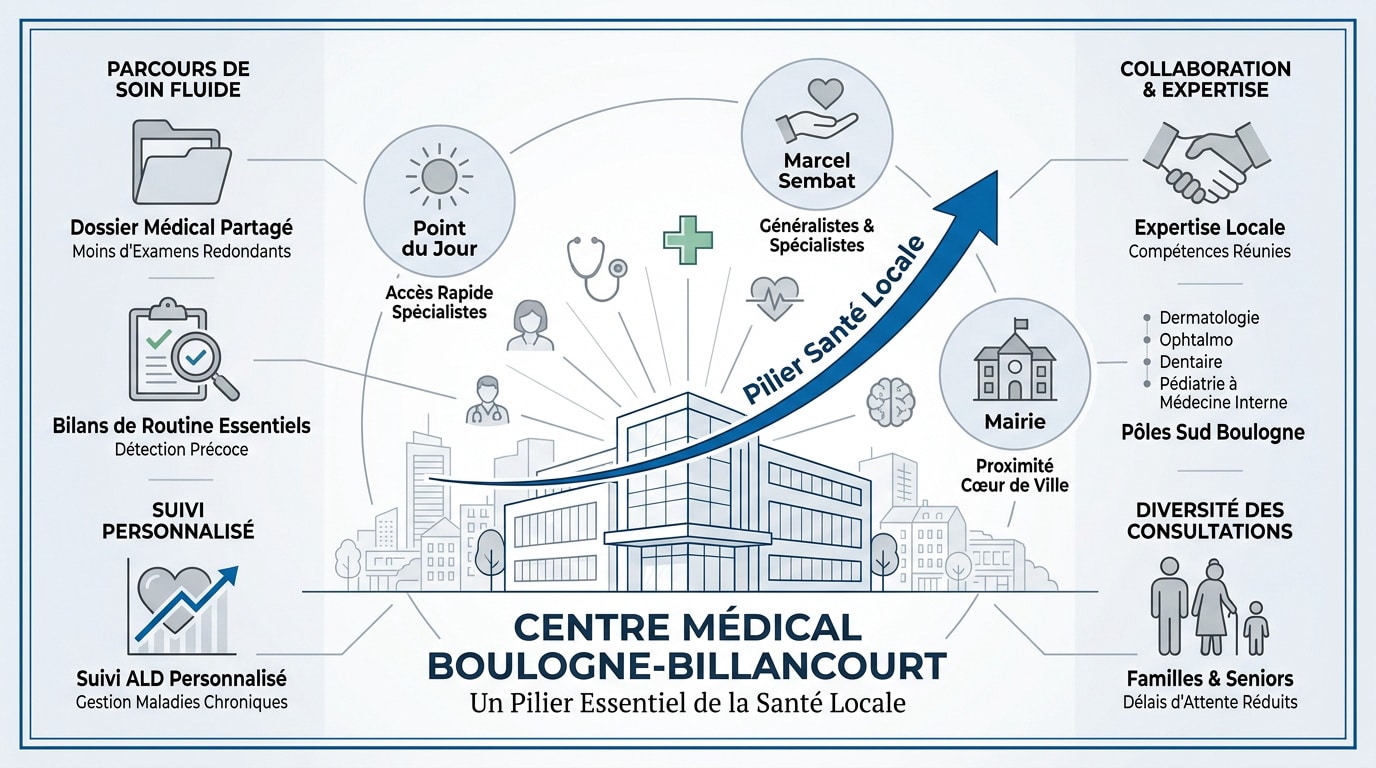 Façade moderne d'un centre médical pluridisciplinaire à Boulogne-Billancourt