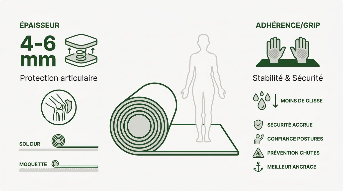Comparaison de l'épaisseur et de l'adhérence des tapis de yoga en caoutchouc et polyuréthane