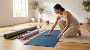 Une femme agenouillée sur un parquet en bois, testant la texture d'un tapis de yoga bleu dans un studio lumineux.