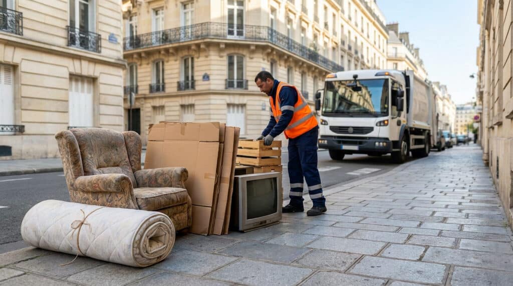Un agent de propreté ramassant des encombrants dans une rue de Boulogne-Billancourt avec un camion poubelle en arrière-plan.