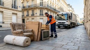 Un agent de propreté ramassant des encombrants dans une rue de Boulogne-Billancourt avec un camion poubelle en arrière-plan.