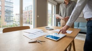 Deux personnes analysent des documents financiers et une tablette sur une table dans un bureau avec vue sur la ville.