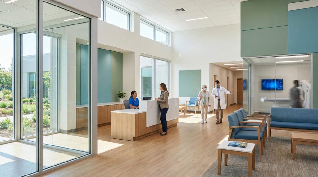 Hall d'accueil moderne et lumineux d'un centre médical avec réceptionniste, médecin et patient.