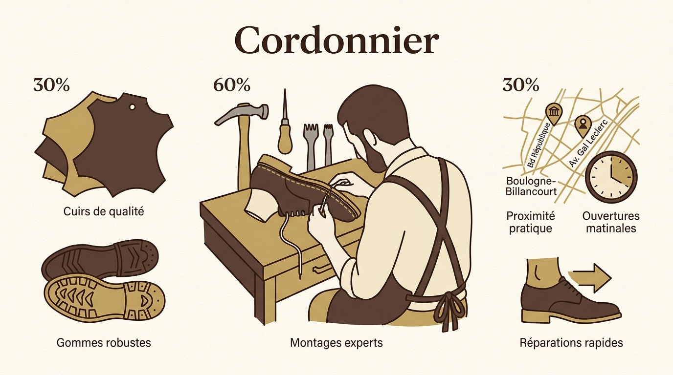 Infographie présentant le savoir-faire et les services d'un cordonnier à Boulogne-Billancourt