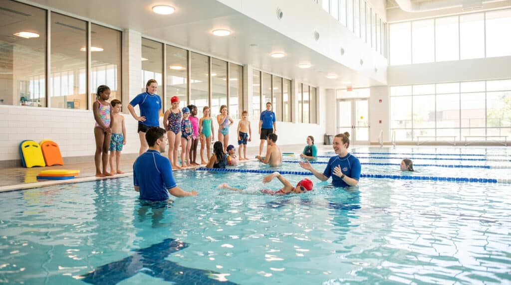 Enfants apprenant à nager avec des instructeurs dans une piscine intérieure lumineuse à Boulogne-Billancourt.