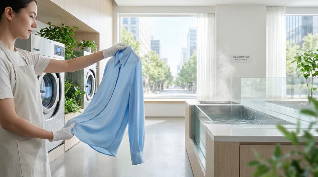 Employée de pressing manipulant une chemise bleue dans un espace moderne et écologique.