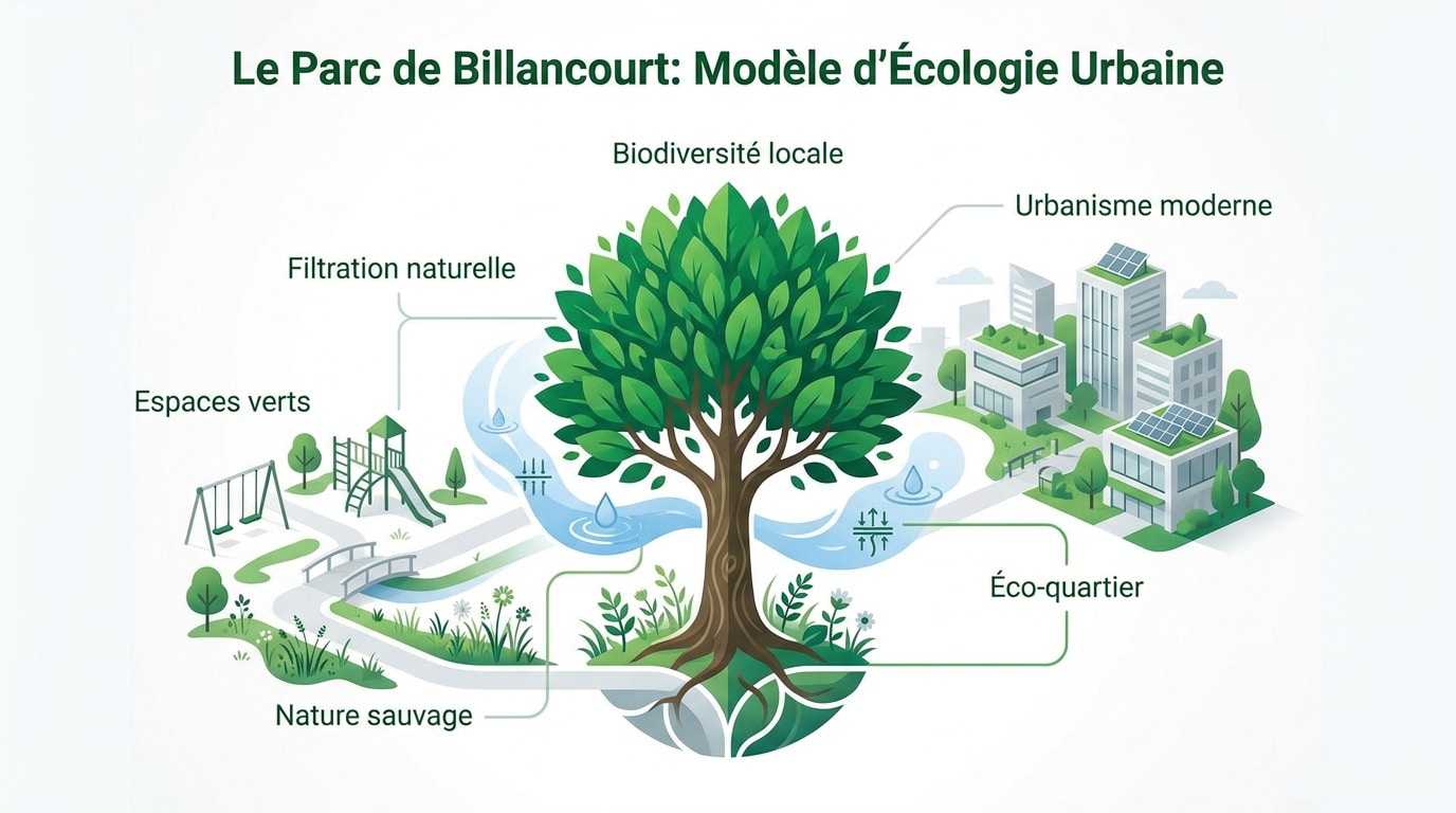 Vue paysagère du parc de Billancourt et ses aménagements écologiques au Trapèze