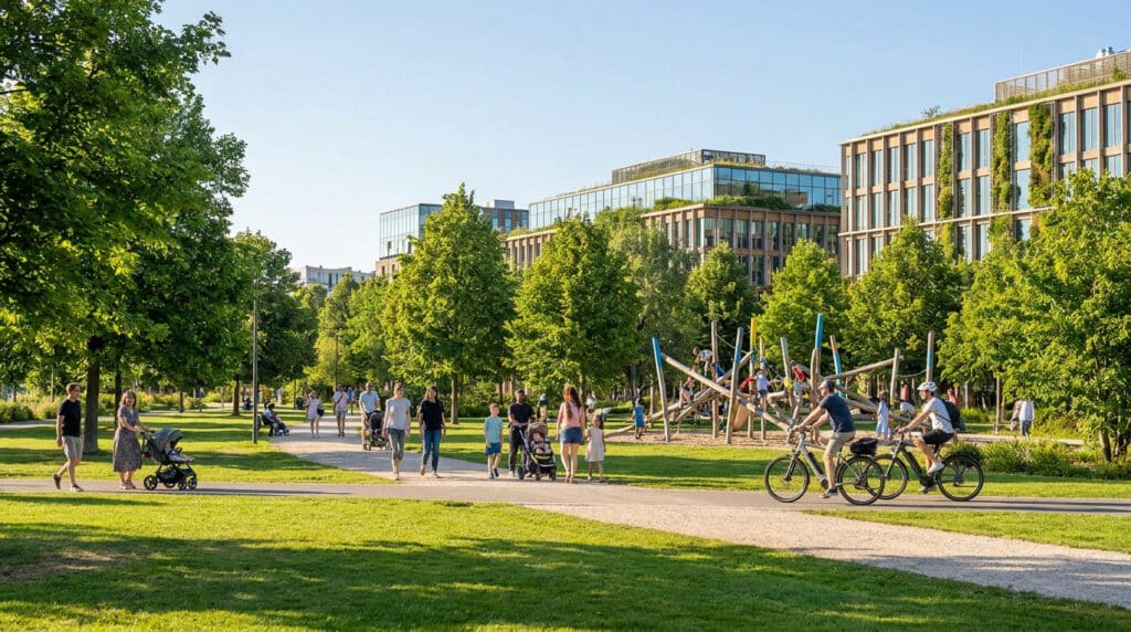 Familles et cyclistes profitant d'une journée ensoleillée au Parc de Billancourt devant des immeubles modernes végétalisés.