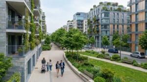 Famille et professionnels marchant dans une allée bordée d'immeubles modernes végétalisés à Boulogne-Billancourt.