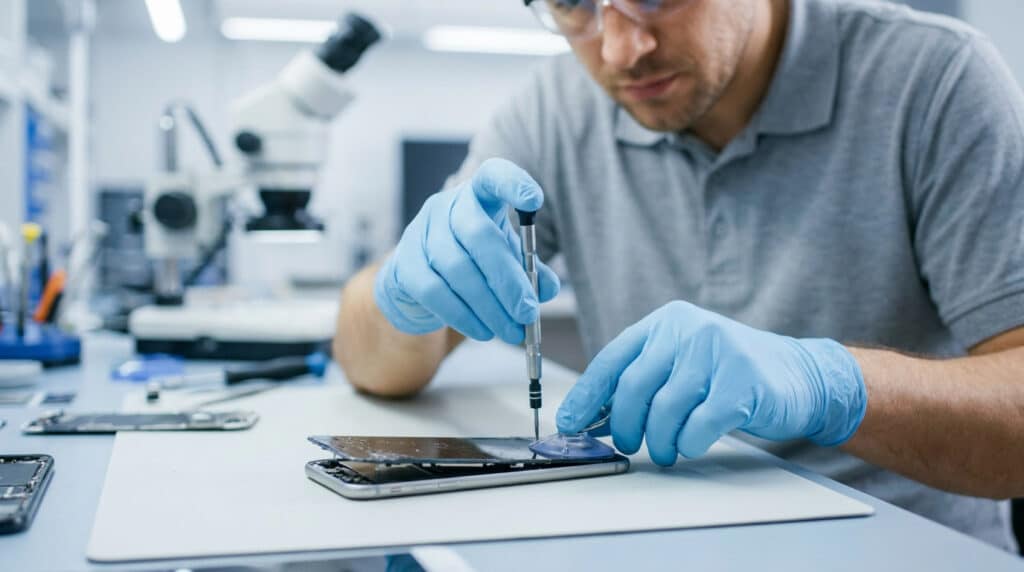 Un technicien portant des gants bleus répare l'écran d'un smartphone avec précision dans un atelier spécialisé.