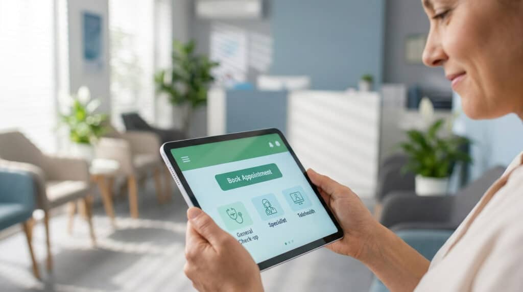 Une femme utilise une tablette pour prendre un rendez-vous médical dans une salle d'attente lumineuse.
