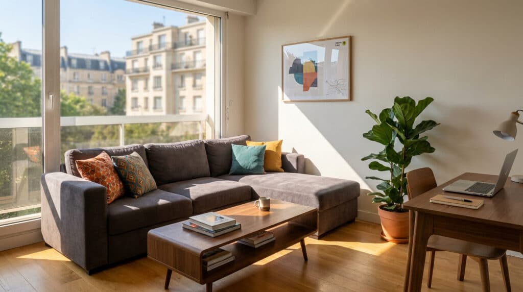 Salon moderne et ensoleillé avec canapé gris, table basse en bois, plantes et espace bureau à Boulogne-Billancourt.