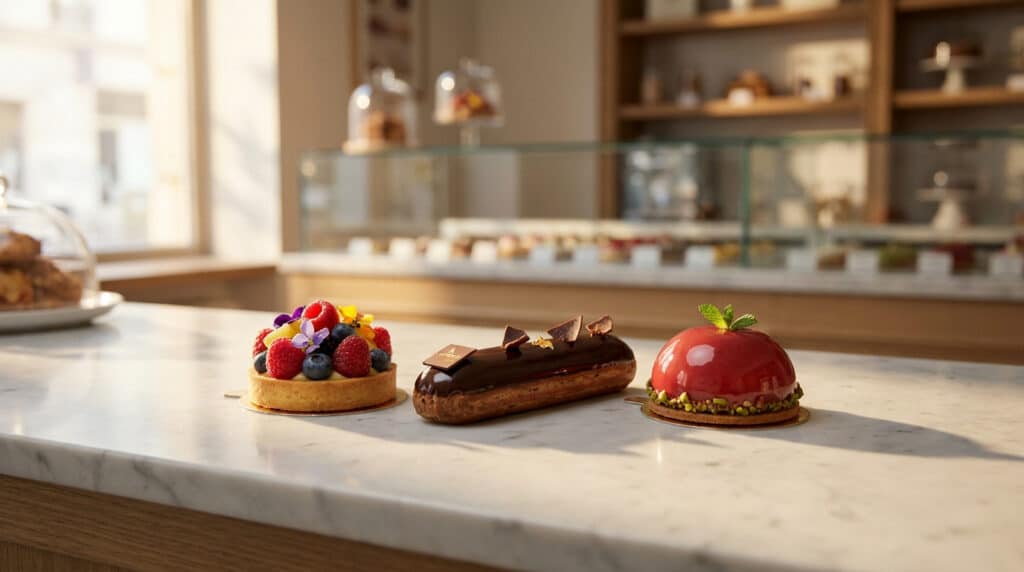 Trois pâtisseries raffinées sur un comptoir en marbre dans une pâtisserie lumineuse.