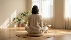 Une personne assise en tailleur sur un coussin en osier dans une pièce lumineuse et minimaliste pour pratiquer la détente.