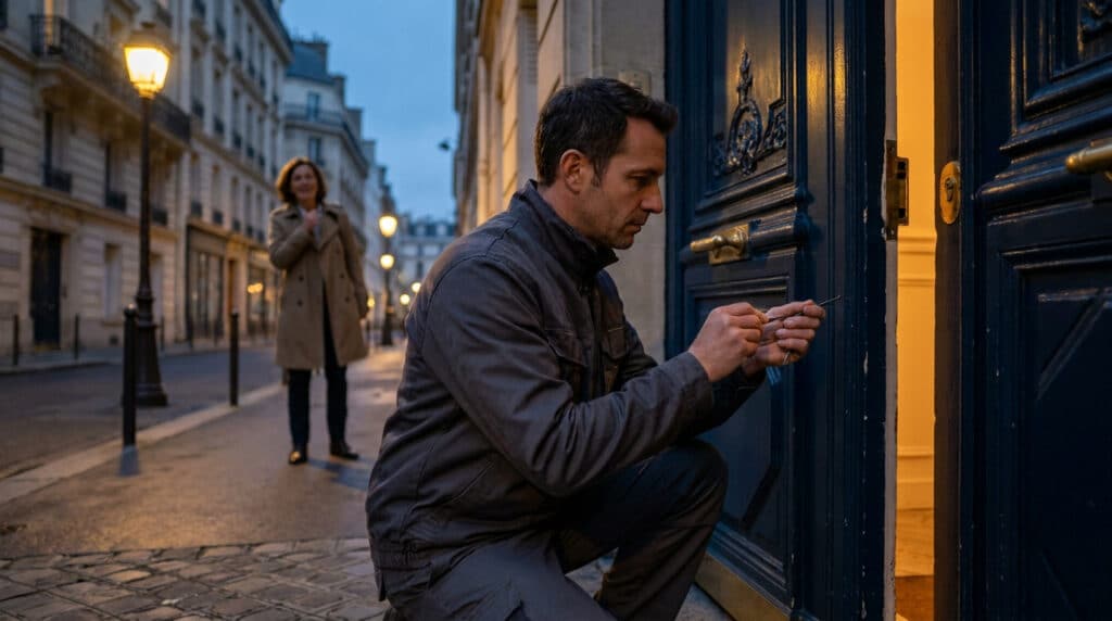 Un serrurier expert répare une serrure de porte d'immeuble sous le regard d'une cliente dans une rue de Boulogne-Billancourt.