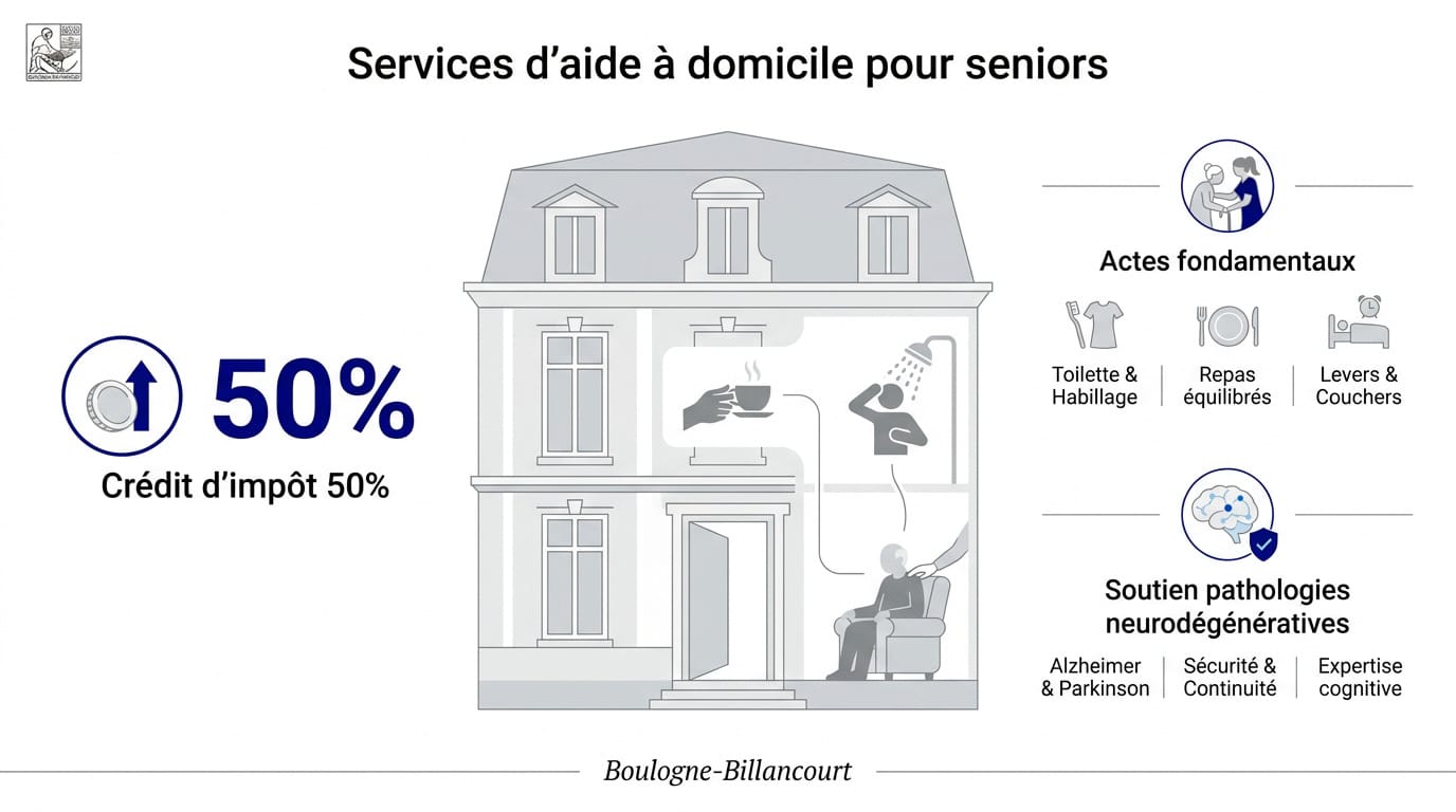 Auxiliaire de vie accompagnant une personne âgée à Boulogne-Billancourt