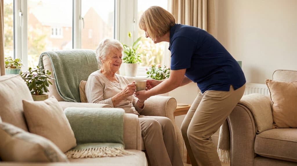 Une aide-soignante souriante sert une tasse de thé à une dame âgée assise confortablement dans un fauteuil.