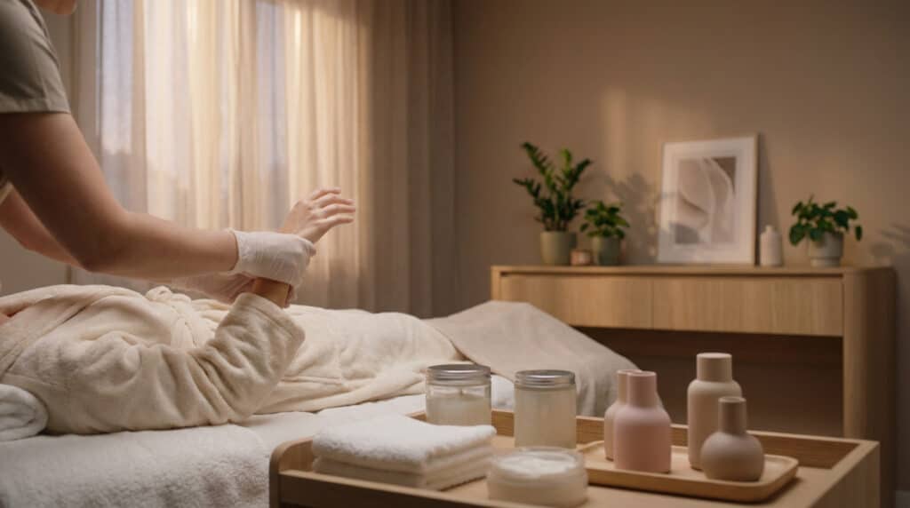 Une esthéticienne prodiguant un soin des mains à une cliente dans un institut de beauté apaisant.