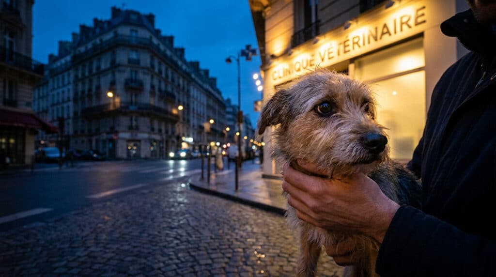 Un propriétaire tient son petit chien devant une clinique vétérinaire de nuit à Boulogne-Billancourt.