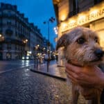 Un propriétaire tient son petit chien devant une clinique vétérinaire de nuit à Boulogne-Billancourt.