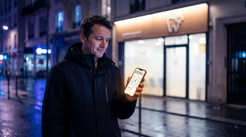 Homme cherchant un dentiste de garde sur son smartphone devant un cabinet dentaire la nuit.