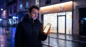 Homme cherchant un dentiste de garde sur son smartphone devant un cabinet dentaire la nuit.