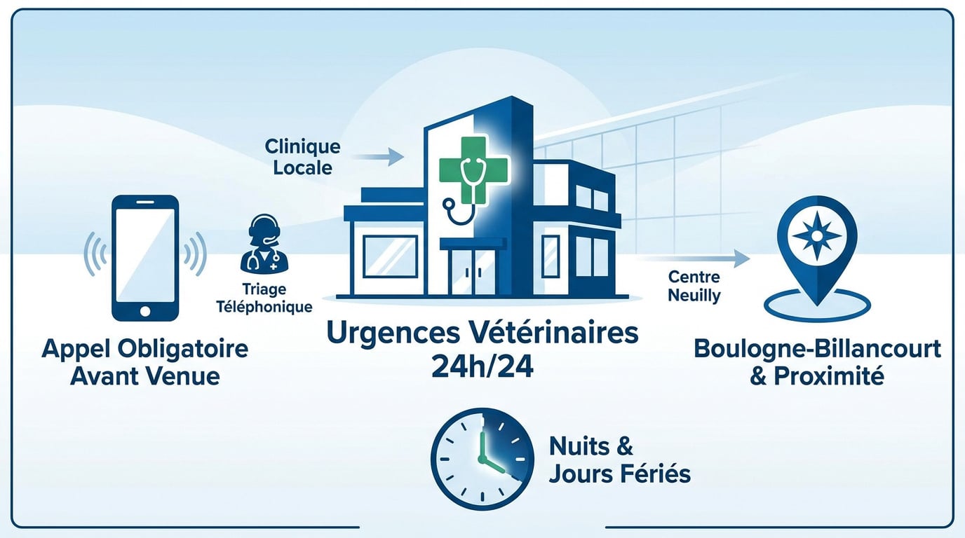 Salle d'examen vétérinaire prête pour une urgence à Boulogne-Billancourt