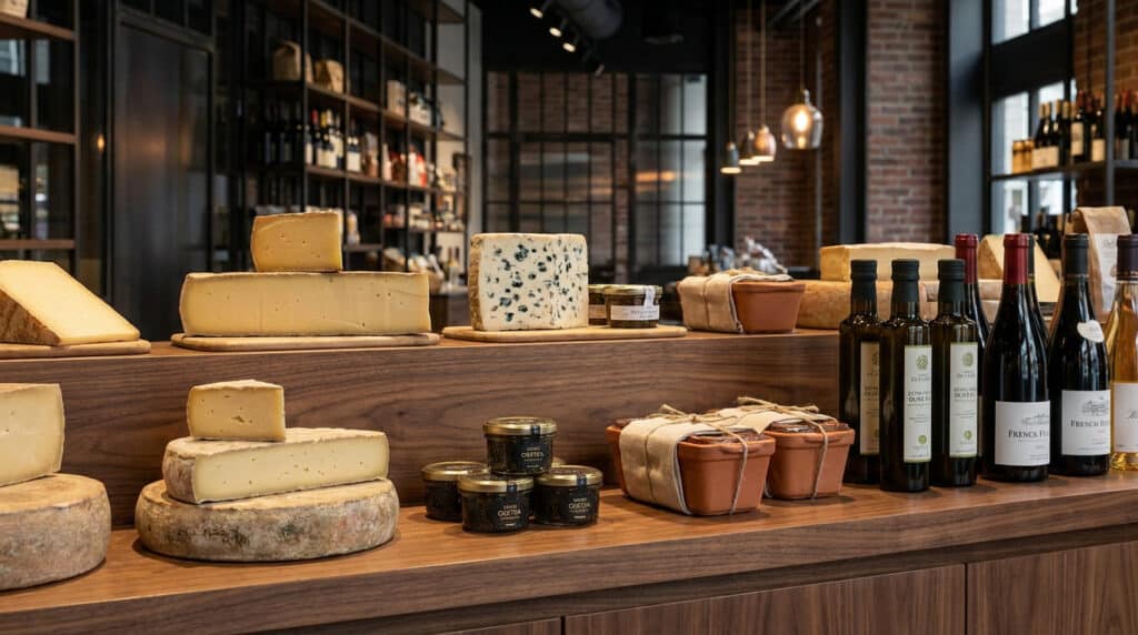 Étals de fromages artisanaux, terrines et bouteilles de vin dans une épicerie fine au décor rustique et élégant.
