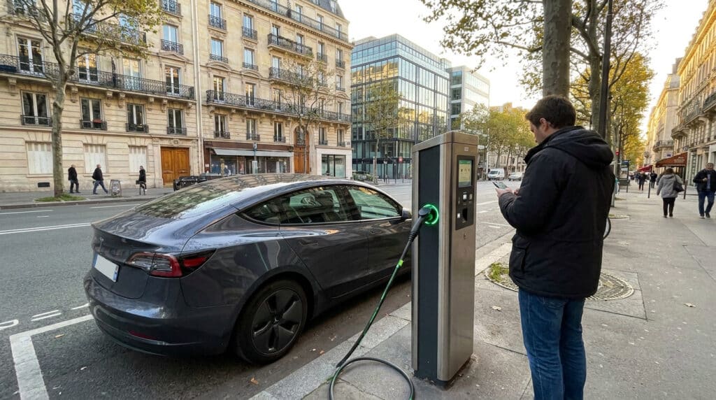 Un homme charge sa voiture électrique sur une borne publique dans une rue de Boulogne-Billancourt.