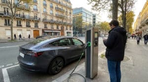 Un homme charge sa voiture électrique sur une borne publique dans une rue de Boulogne-Billancourt.
